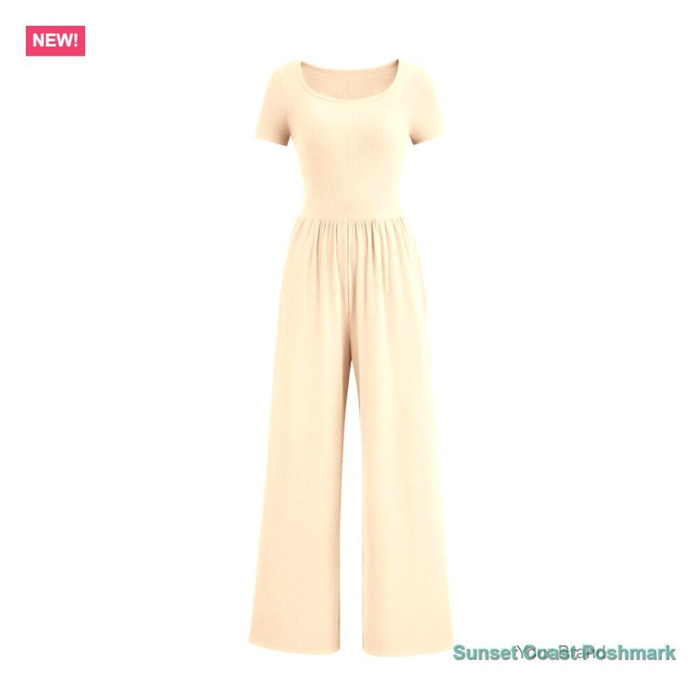 Ribbed Knit Wide Leg Jumpsuit Square Neck Short Sleeve